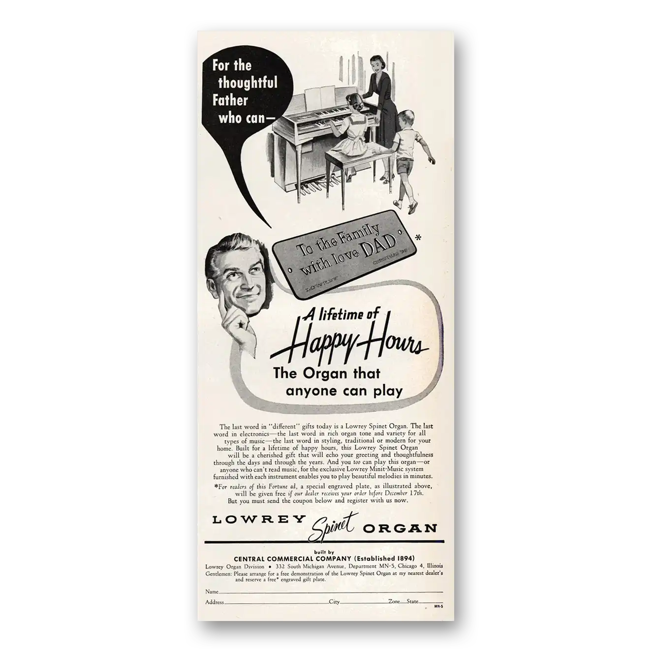 1955 Lowrey Organs Lifetime of Happy Hours Vintage Magazine Print Ad