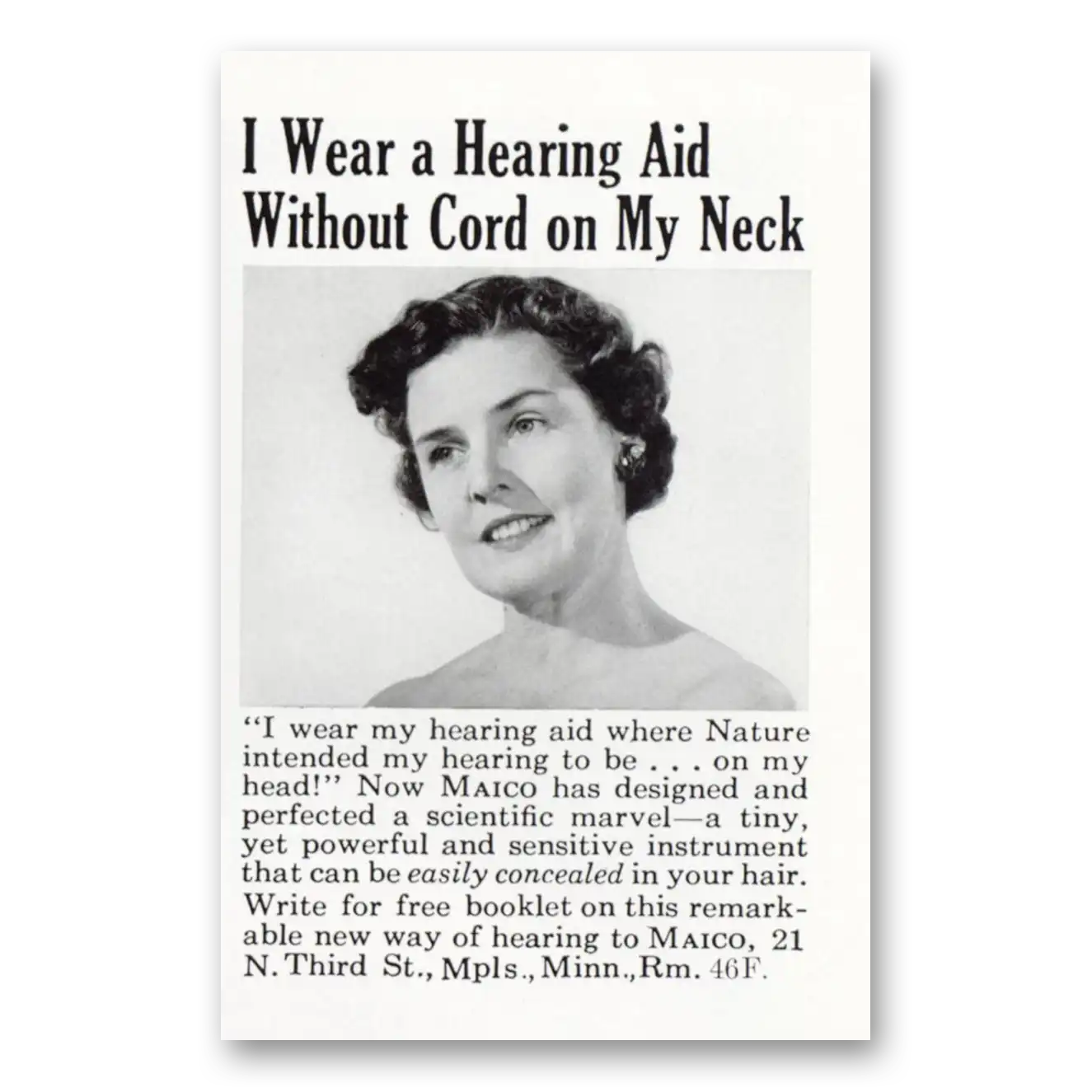 1955 Maico Hearing Aid I Wear a Hearing Aid Without Cord On My Neck Vintage Magazine Print Ad