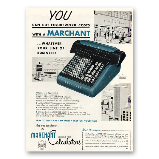 1955 Marchant Figurematic Calculator Cut Figurework Costs Vintage Magazine Print Ad