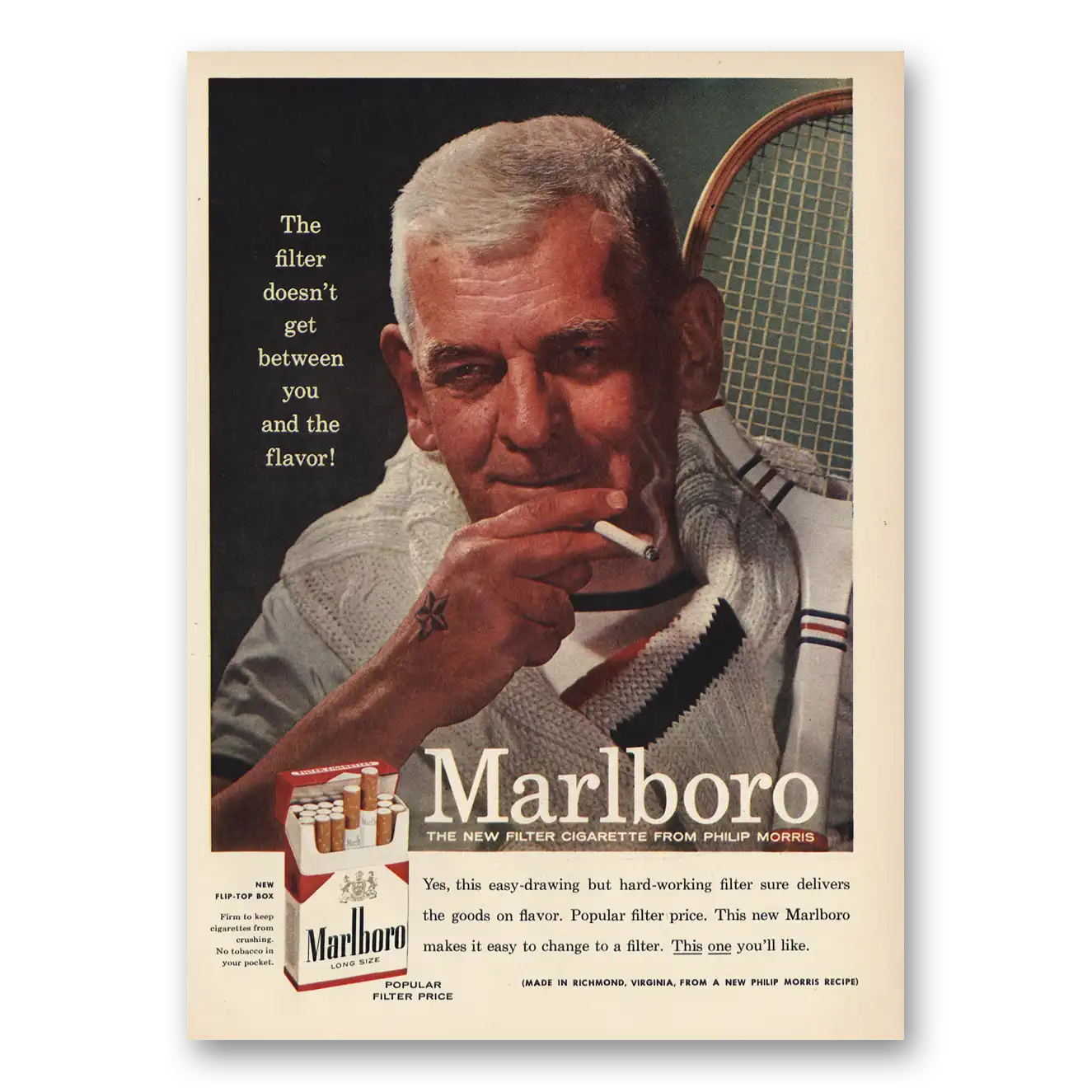 1955 Marlboro Cigarettes Between You and the Flavor Tennis Vintage Magazine Print Ad