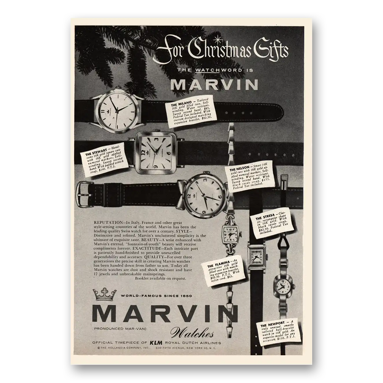 1955 Marvin Watches Christmas Gifts Watchword Vintage Magazine Print Ad