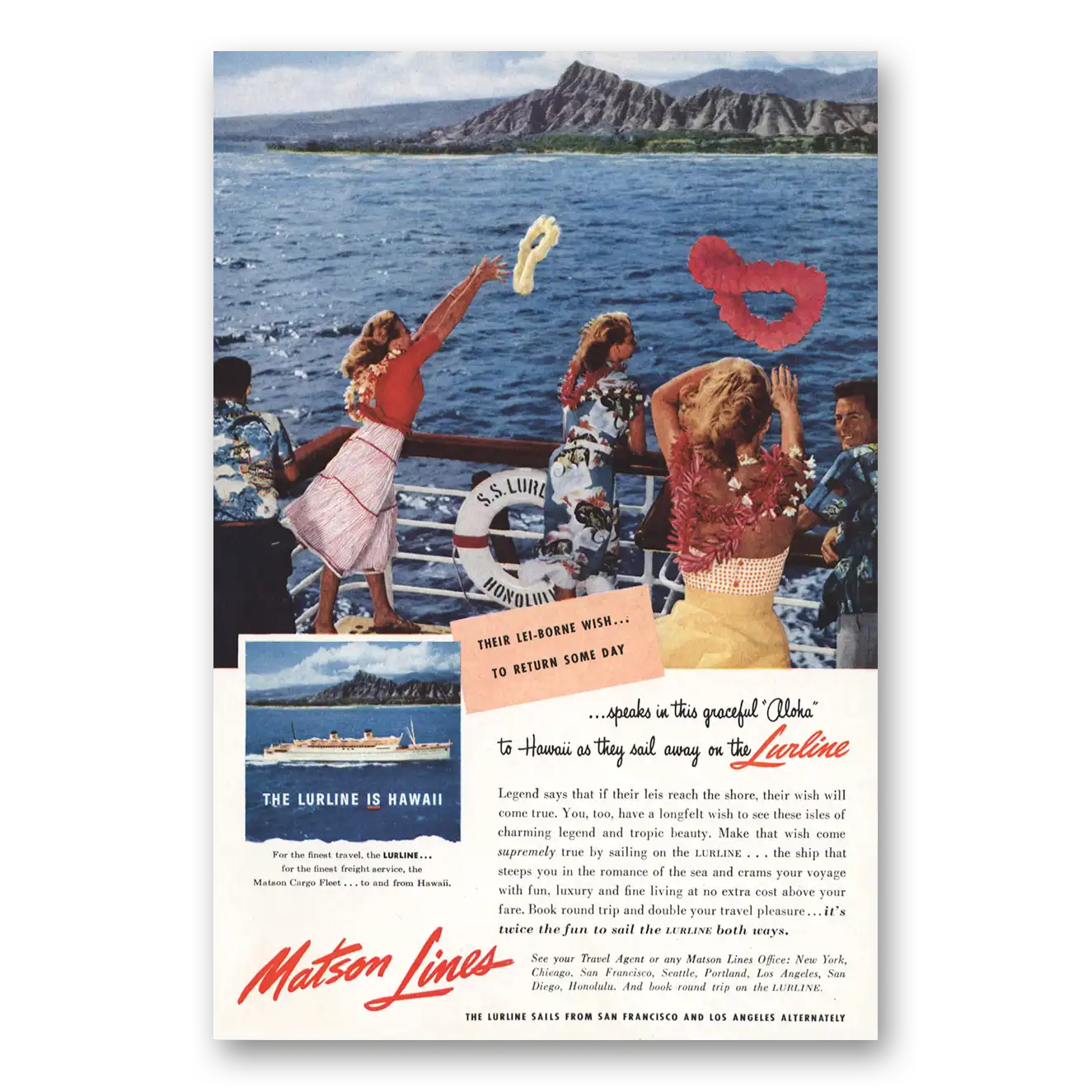 1955 Matson Line Lei Borne Wish Lurline Vintage Magazine Print Ad