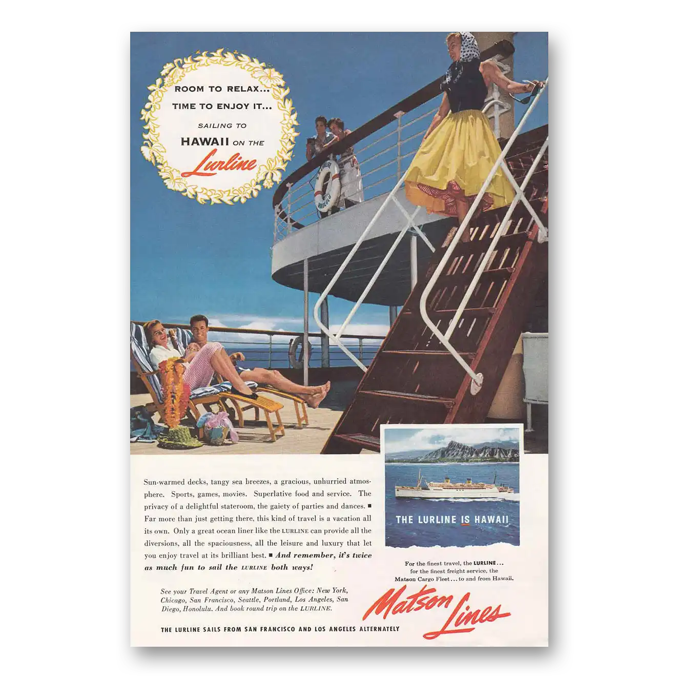 1955 Matson Line Hawaii Lurline Vintage Magazine Print Ad