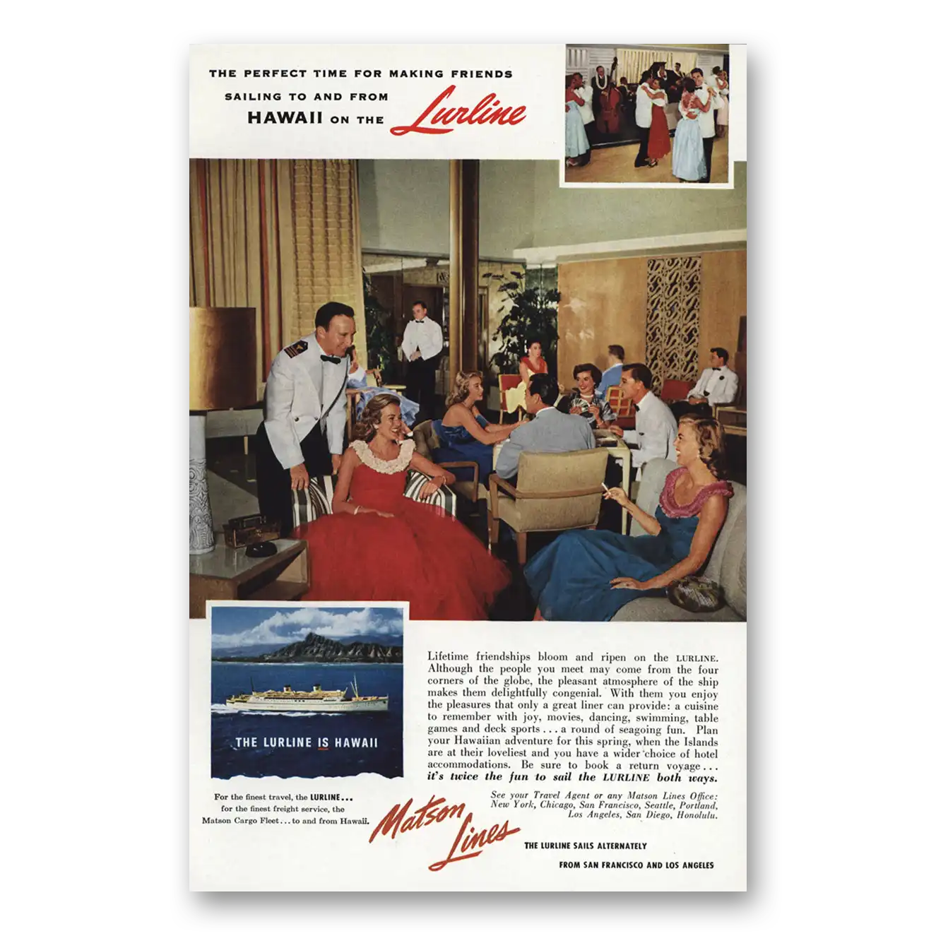 1955 Matson Line Making Friends Lurline Vintage Magazine Print Ad