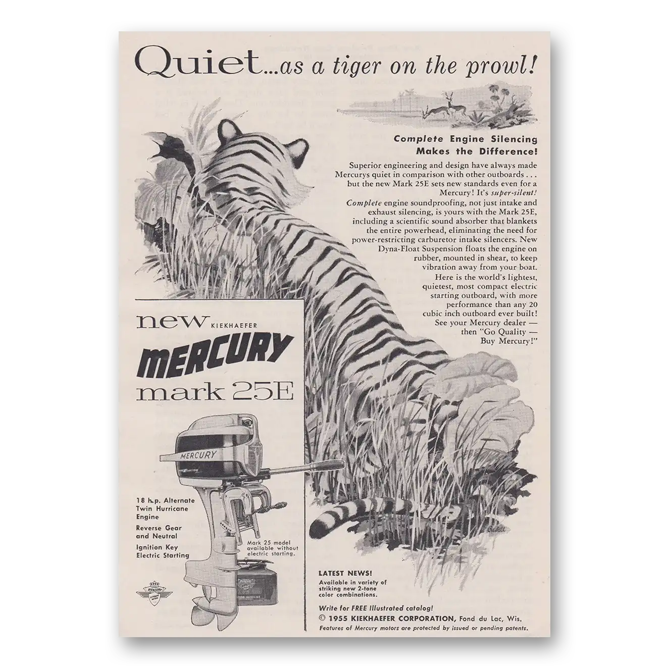 1955 Mercury Mark 25E Motor Quiet As a Tiger Vintage Magazine Print Ad