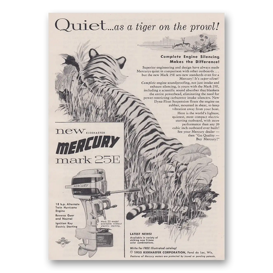 1955 Mercury Mark 25E Motor Quiet As a Tiger Vintage Magazine Print Ad