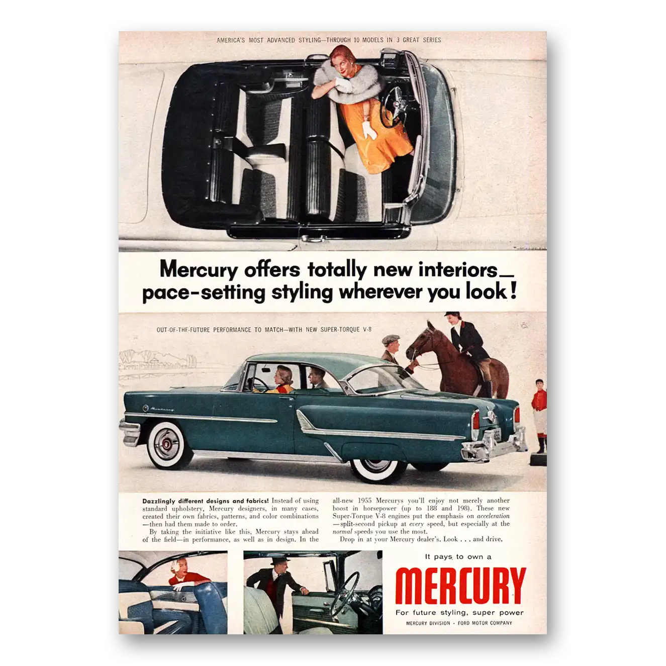 1955 Mercury Totally New Interiors Pace Setting Styling Vintage Magazine Print Ad