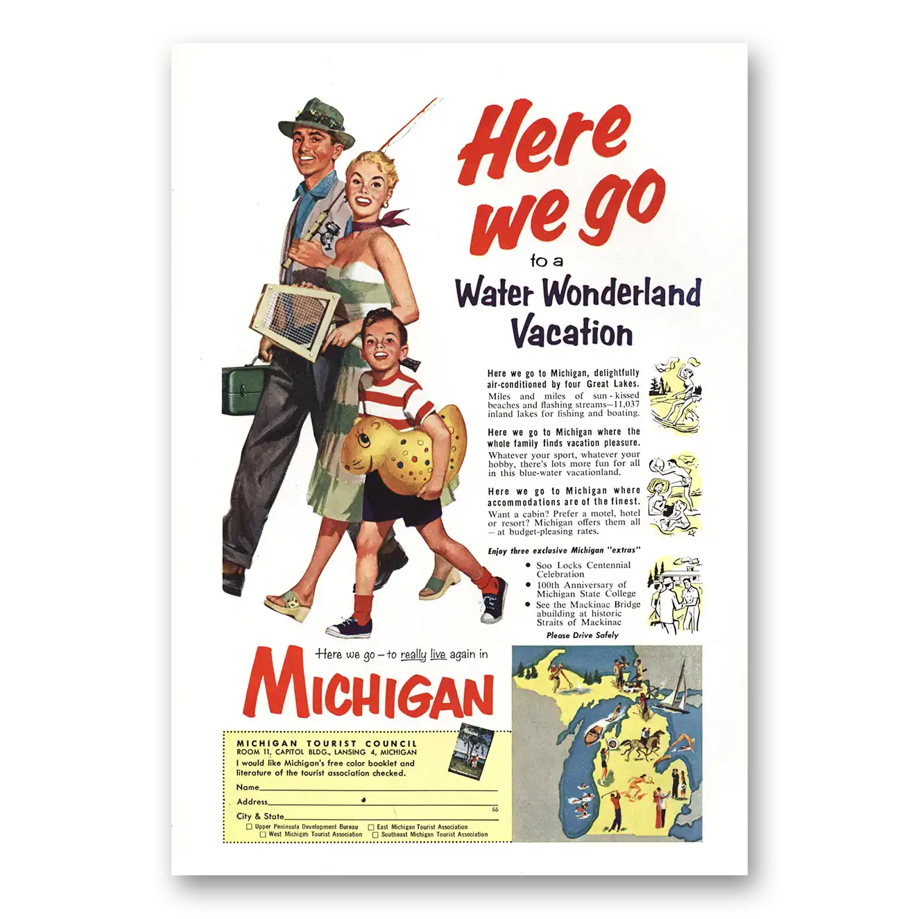 1955 Michigan Here We Go Water Wonderland Vintage Magazine Print Ad