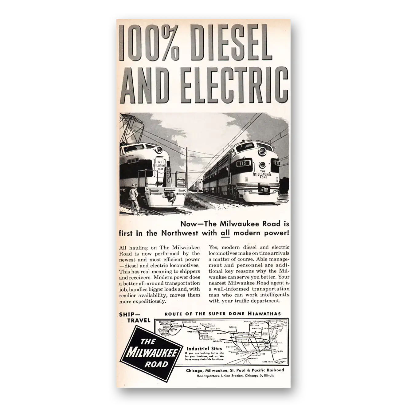 1955 Milwaukee Road Diesel and Electric Vintage Magazine Print Ad