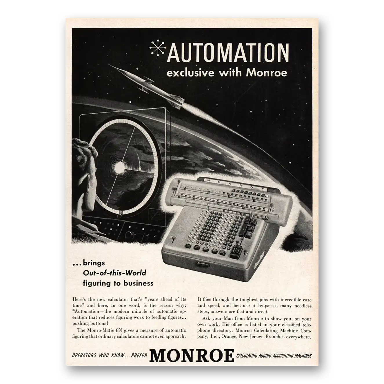 1955 Monroe Calculating Machines Adding Machine Automation Vintage Magazine Print Ad