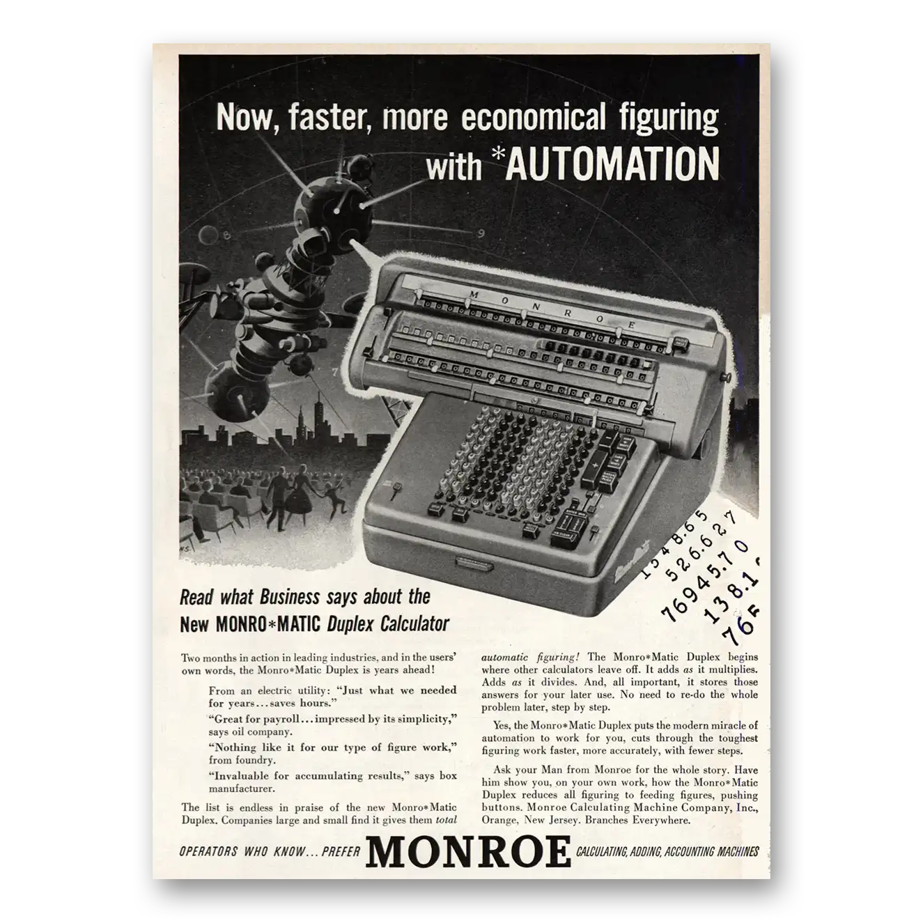 1955 Monroe Calculating Machines Adding Machine Figuring With Automation Vintage Magazine Print Ad