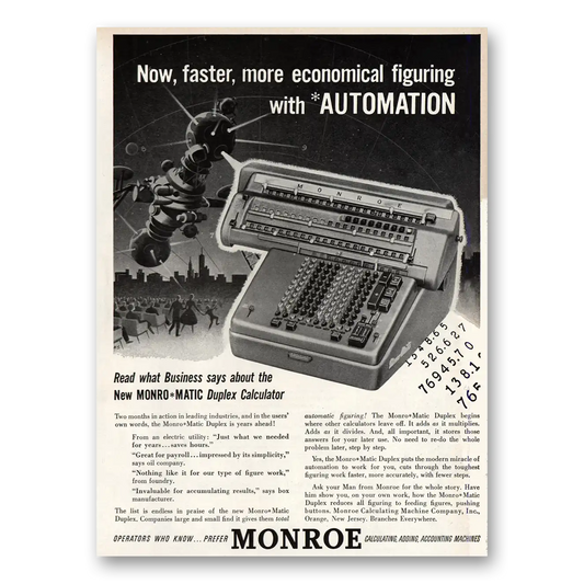 1955 Monroe Calculating Machines Adding Machine Figuring With Automation Vintage Magazine Print Ad