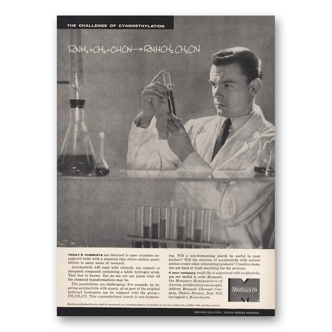 1955 Monsanto Challenge of Cyanoethylation Vintage Magazine Print Ad