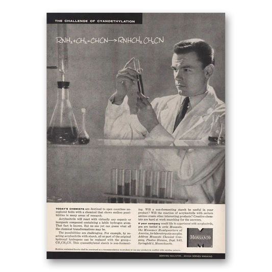 1955 Monsanto Challenge of Cyanoethylation Vintage Magazine Print Ad