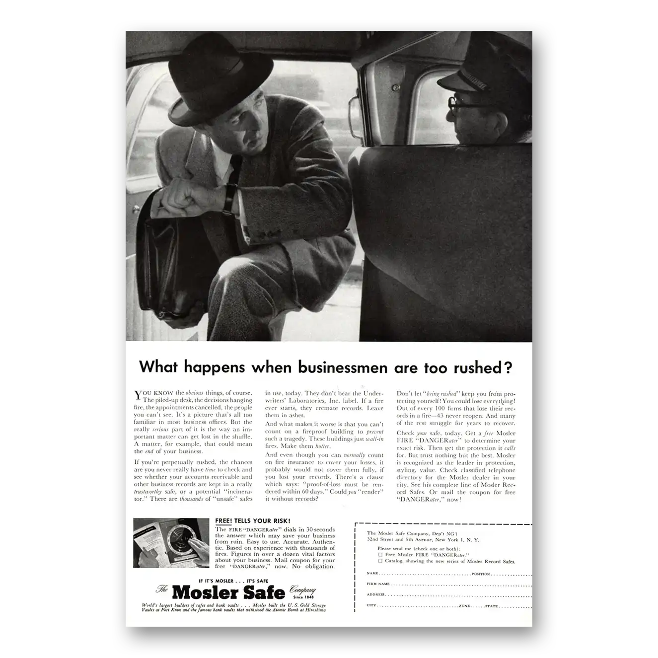 1955 Mosler Safe What Happens Businessmen Are Too Rushed Vintage Magazine Print Ad