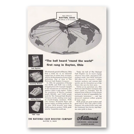 1955 National Cash Register Bell Heard Round the World Vintage Magazine Print Ad