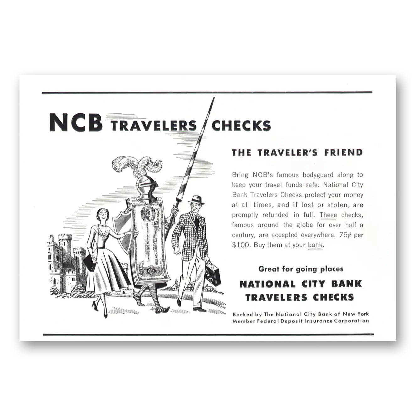 1955 National City Bank Travelers Checks Famous Bodyguard Vintage Magazine Print Ad