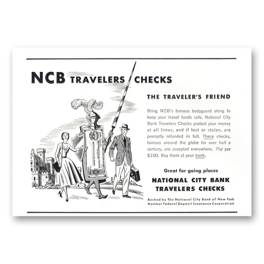 1955 National City Bank Travelers Checks Famous Bodyguard Vintage Magazine Print Ad