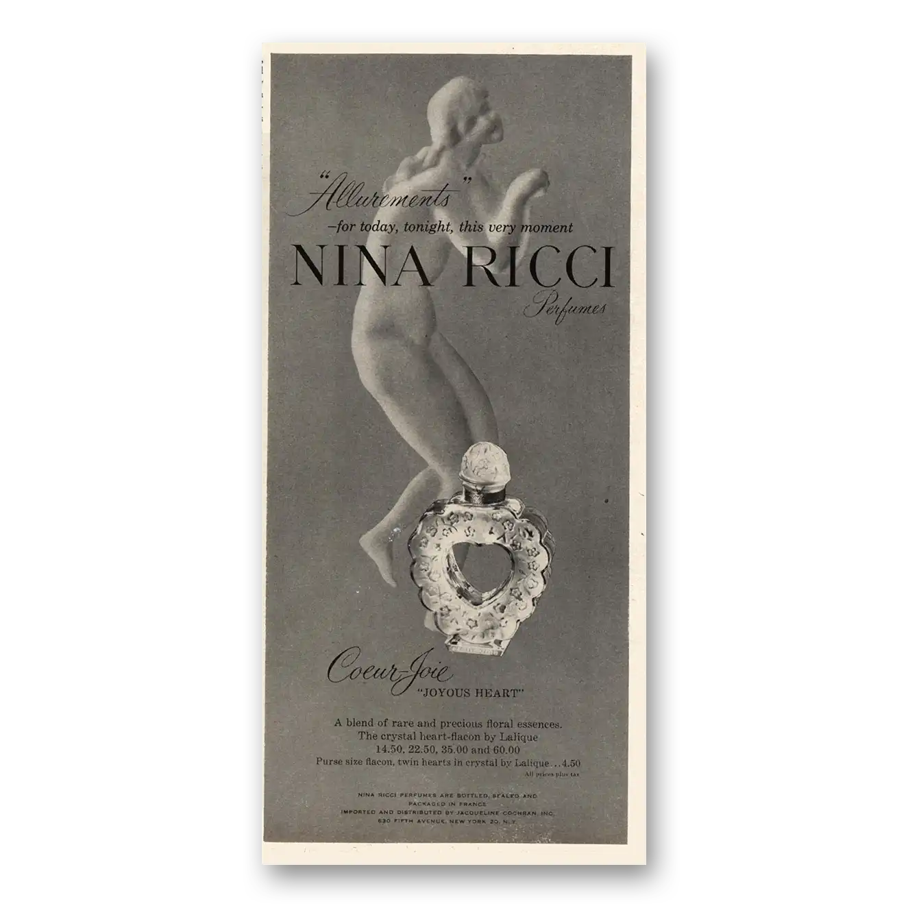 1955 Nina Ricci Coeur Joie Perfume Coeur Joie Vintage Magazine Print Ad