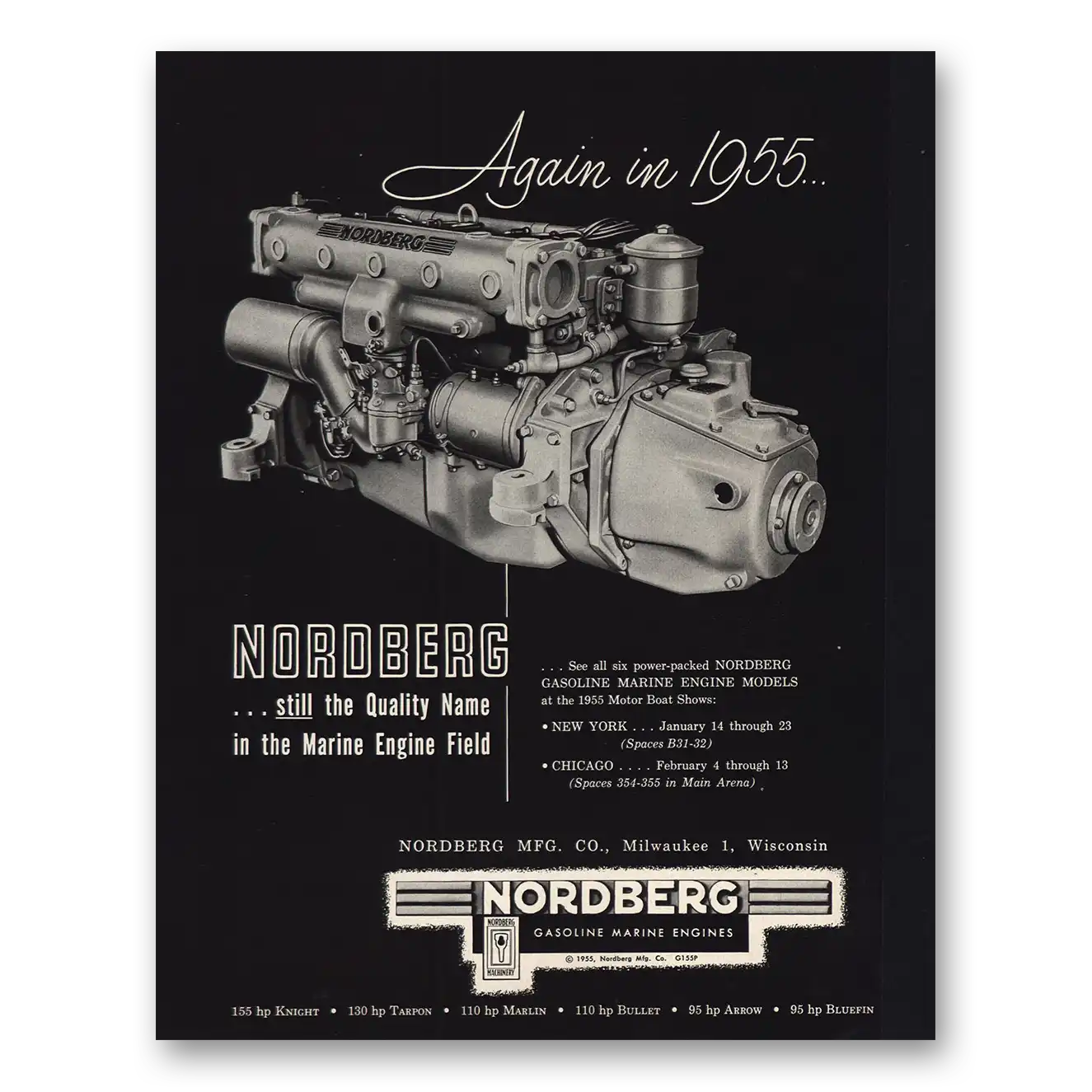 1955 Nordberg Gasoline Marine Engines Again In Vintage Magazine Print Ad