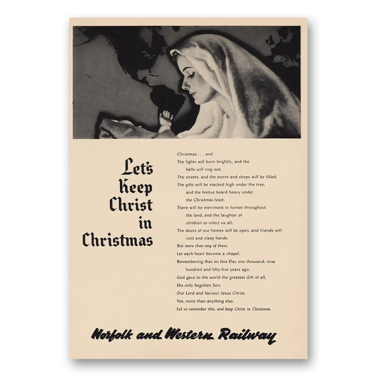 1955 Norfolk and Western Railway Keep Christ In Christmas Vintage Magazine Print Ad