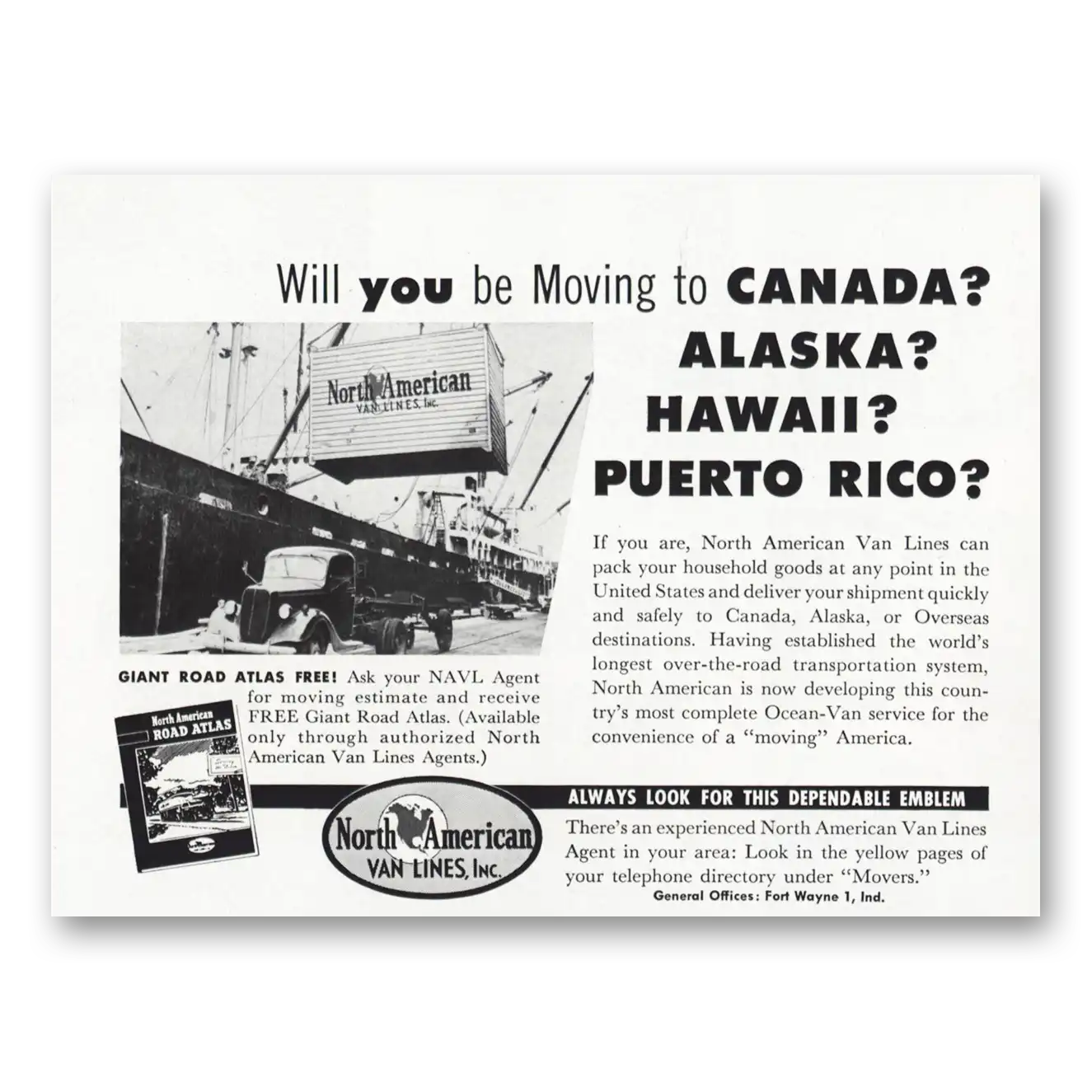 1955 North American Van Lines Moving Canada Alaska Hawaii Puerto Rico Vintage Magazine Print Ad