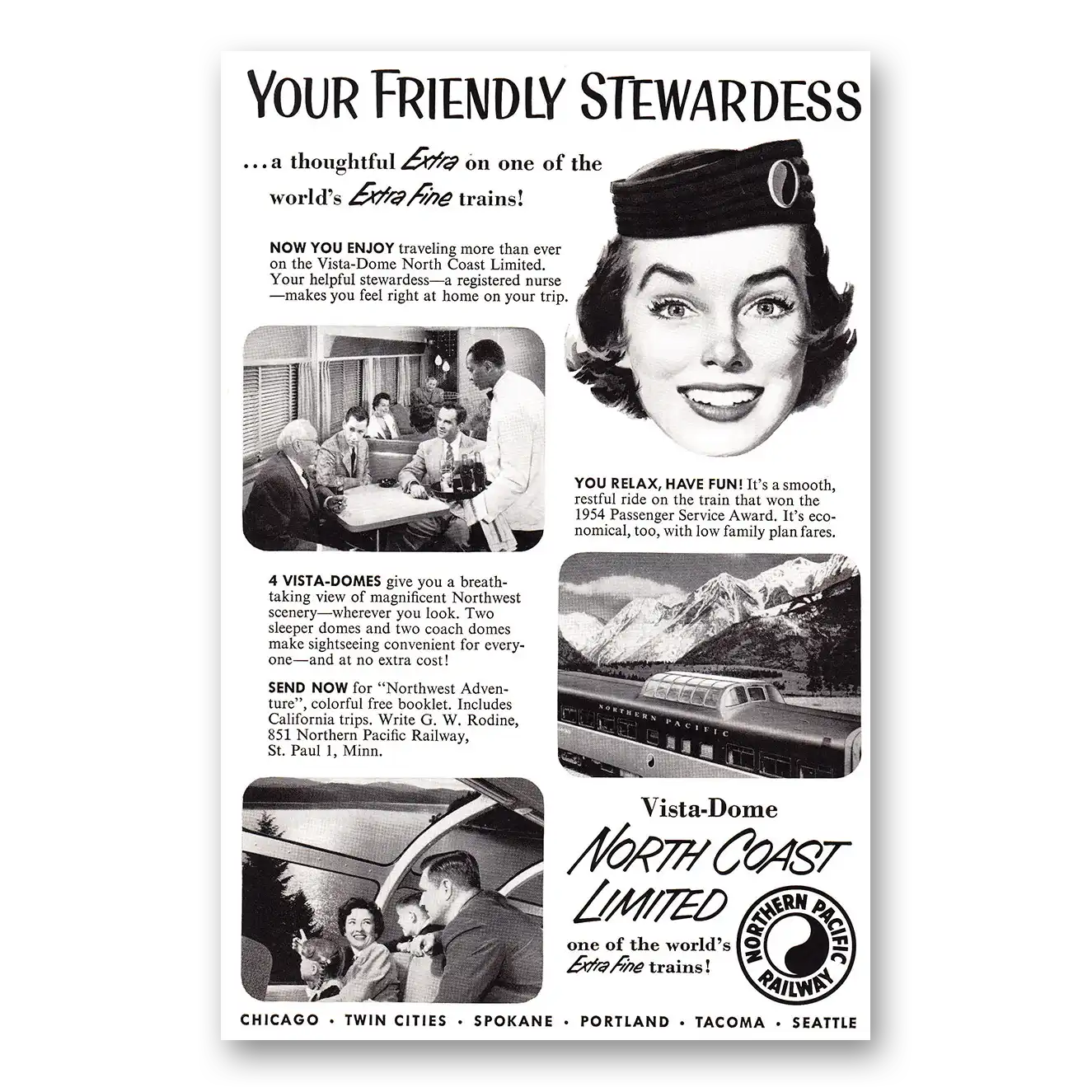 1955 North Coast Limited Your Friendly Stewardess Vintage Magazine Print Ad