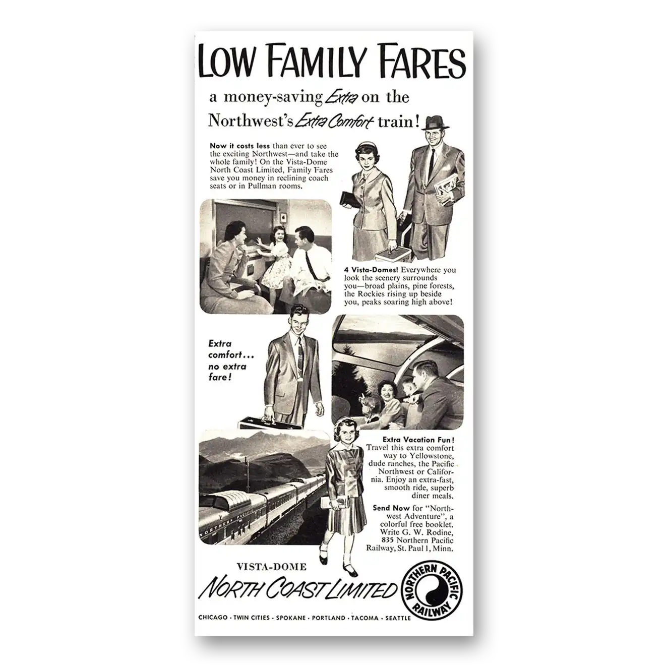 1955 Northern Pacific Railway Low Family Fares Vintage Magazine Print Ad