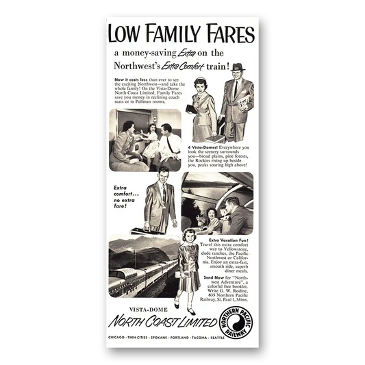 1955 Northern Pacific Railway Low Family Fares Vintage Magazine Print Ad