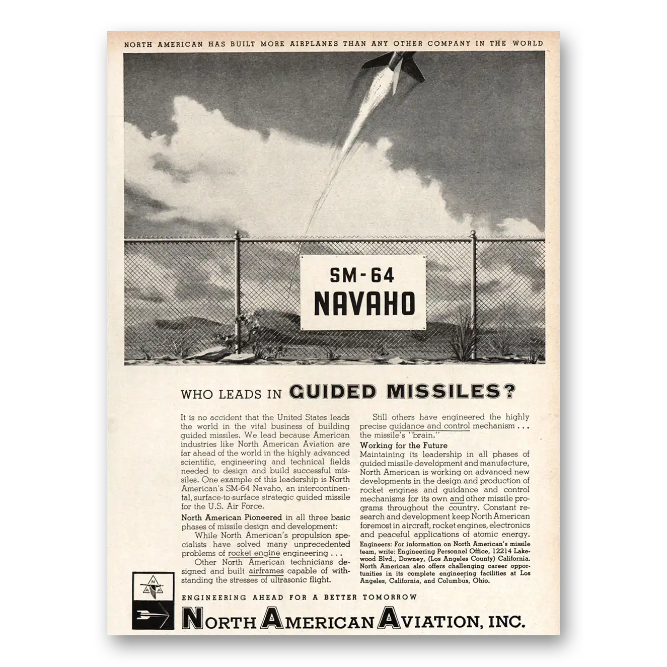 1955 North American Aviation Navaho Guided Missiles Vintage Magazine Print Ad