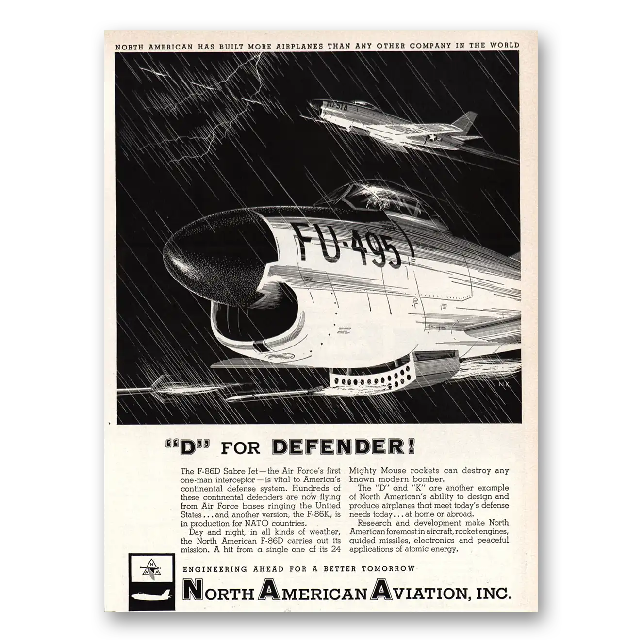 1955 North American Aviation D For Defender Vintage Magazine Print Ad