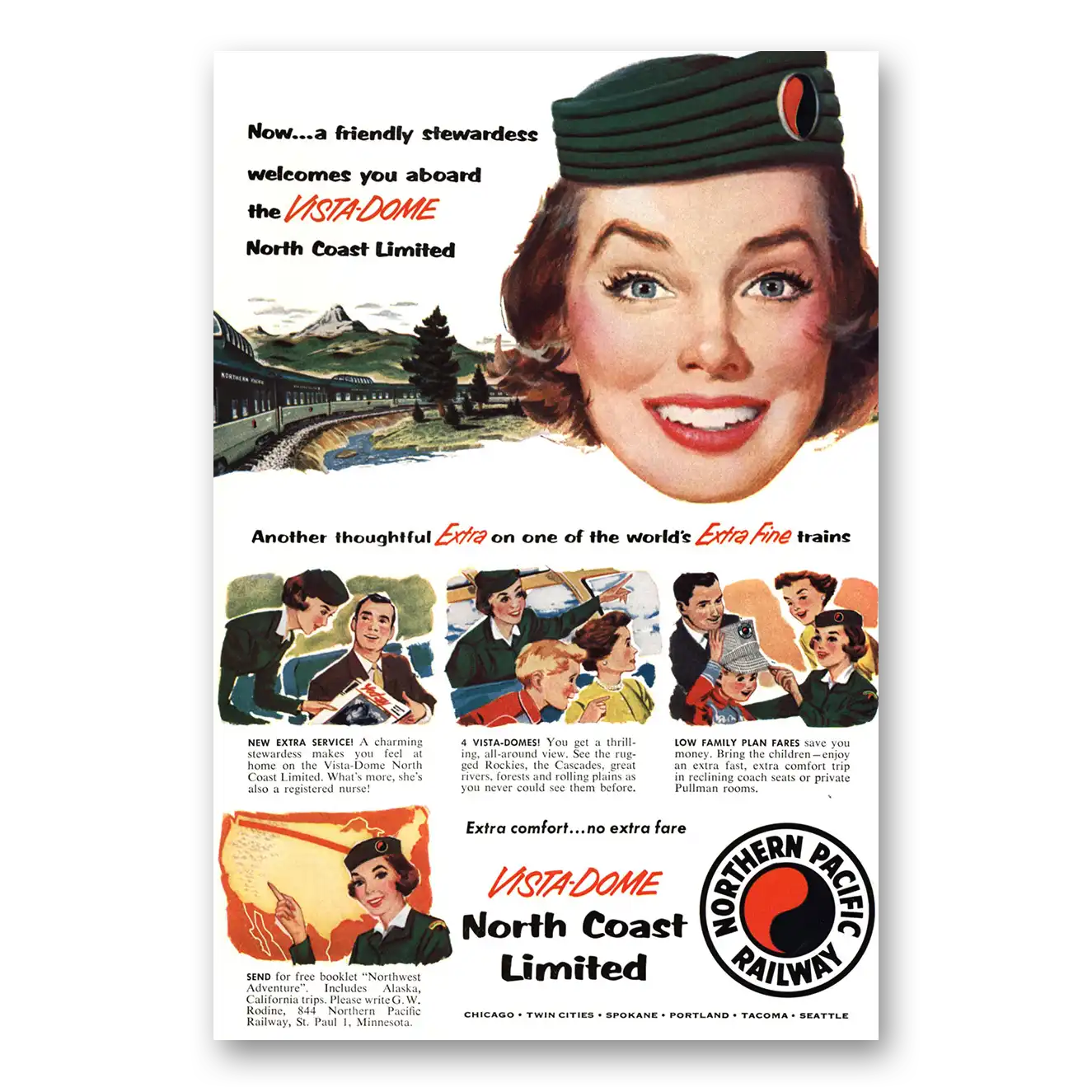 1955 Northern Pacific Railway Friendly Stewardess Vista Dome Vintage Magazine Print Ad