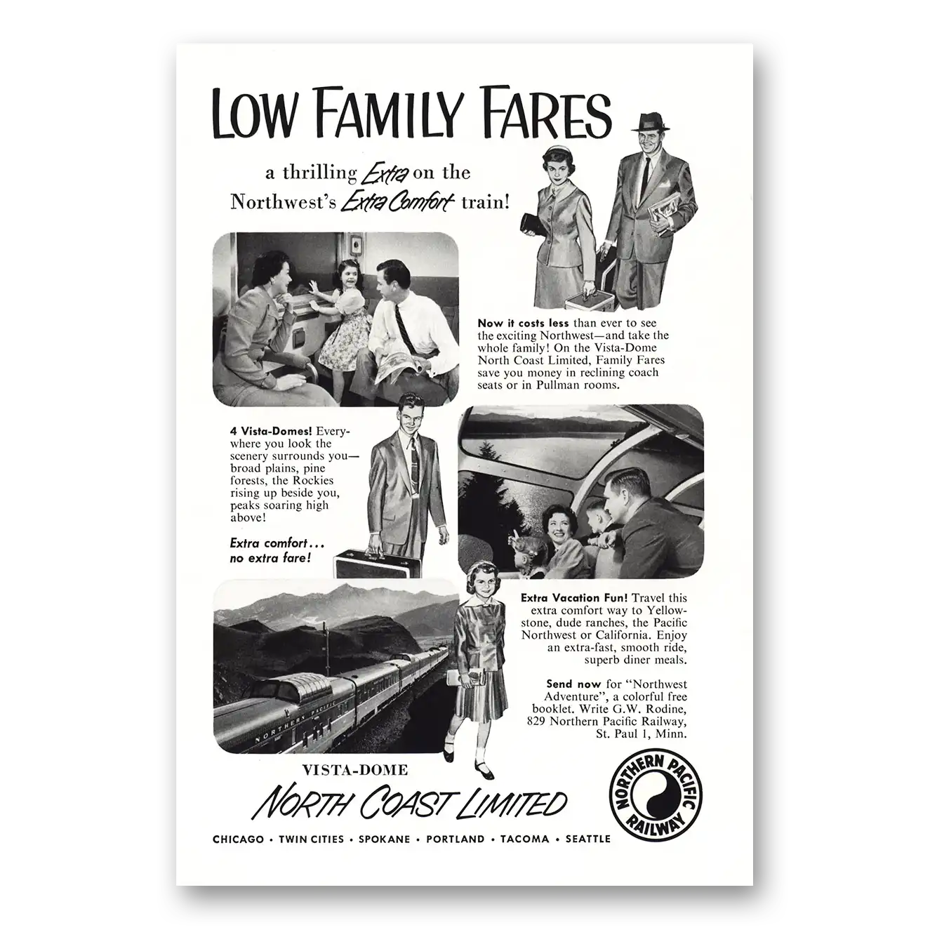 1955 Northern Pacific Railway Low Family Fares Extra Comfort Train Vintage Magazine Print Ad