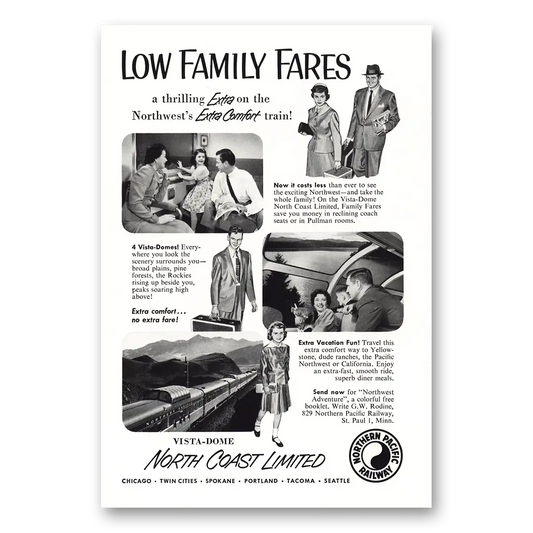 1955 Northern Pacific Railway Low Family Fares Extra Comfort Train Vintage Magazine Print Ad