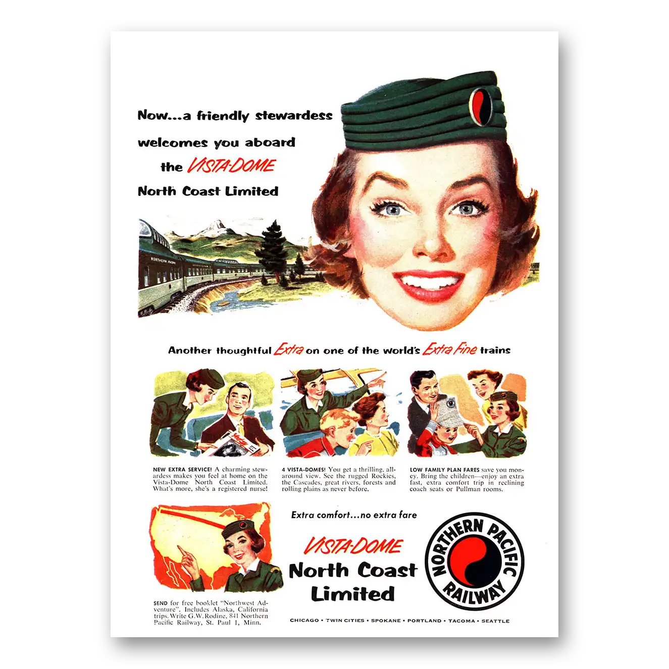 1955 Northern Pacific Railway Friendly Stewardess Vintage Magazine Print Ad