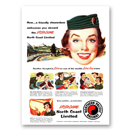 1955 Northern Pacific Railway Friendly Stewardess Vintage Magazine Print Ad