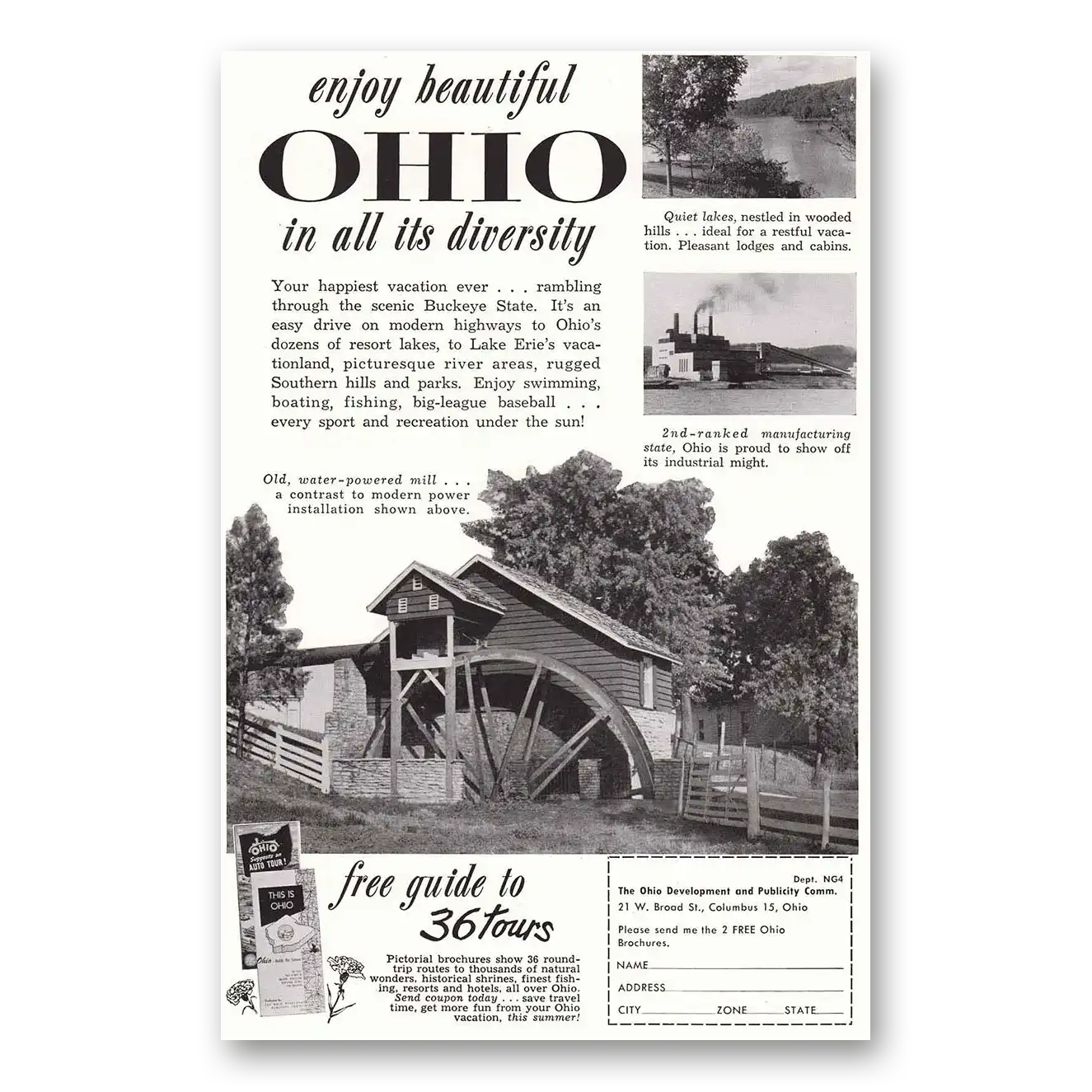 1955 Ohio Enjoy Beautiful Ohio Water Powered Mill Vintage Magazine Print Ad