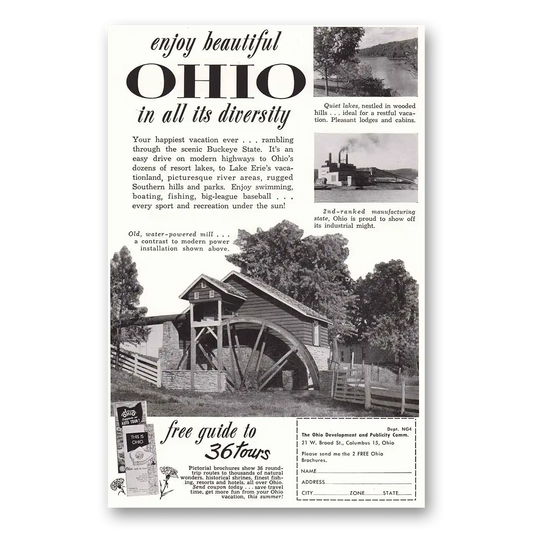 1955 Ohio Enjoy Beautiful Ohio Water Powered Mill Vintage Magazine Print Ad