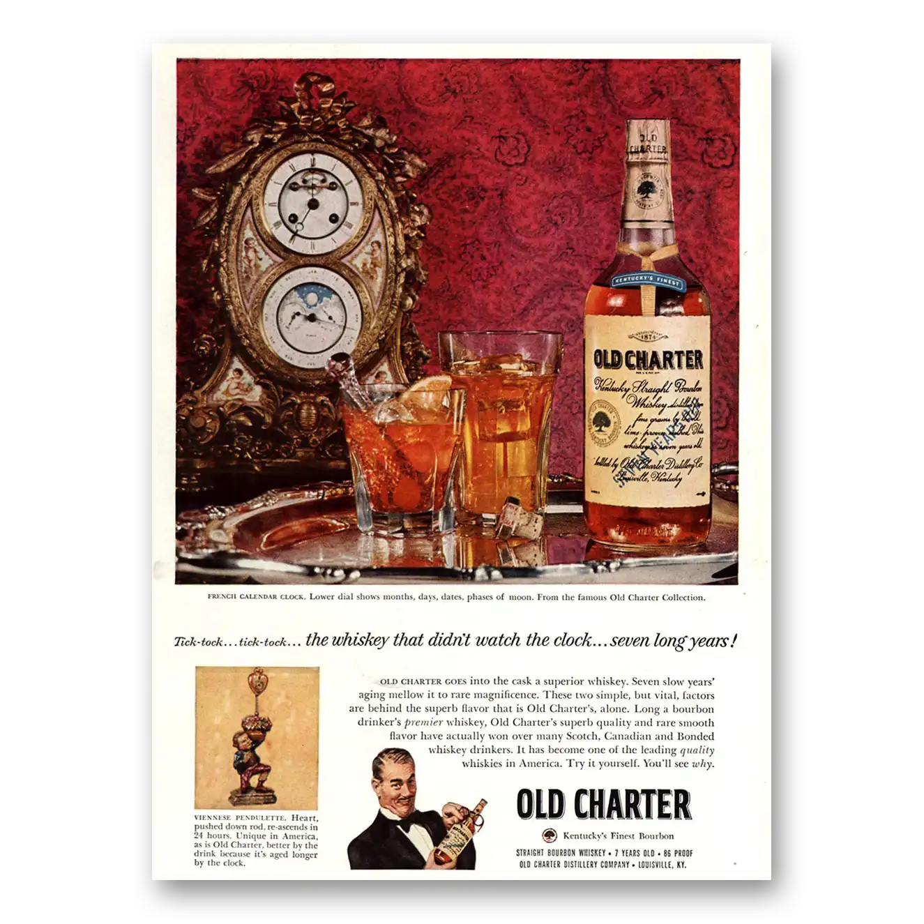 1955 Old Charter Whiskey Tick Tock Didn’t Watch the Clock Vintage Magazine Print Ad