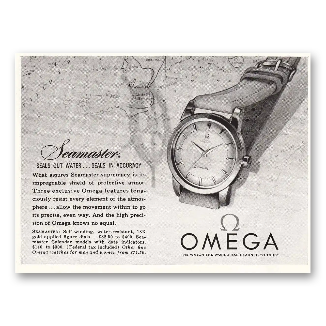 1955 Omega Seamaster Watch Seals Out Water Vintage Magazine Print Ad