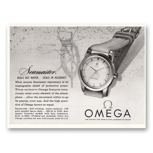 1955 Omega Seamaster Watch Seals Out Water Vintage Magazine Print Ad