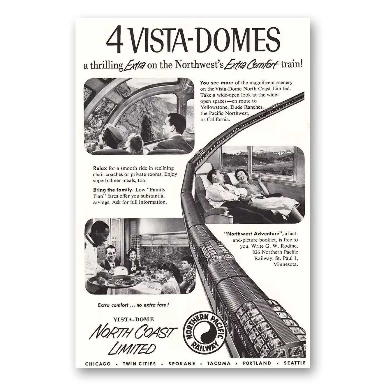 1955 Northern Pacific Railway Vista Domes Thrilling Extra Vintage Magazine Print Ad