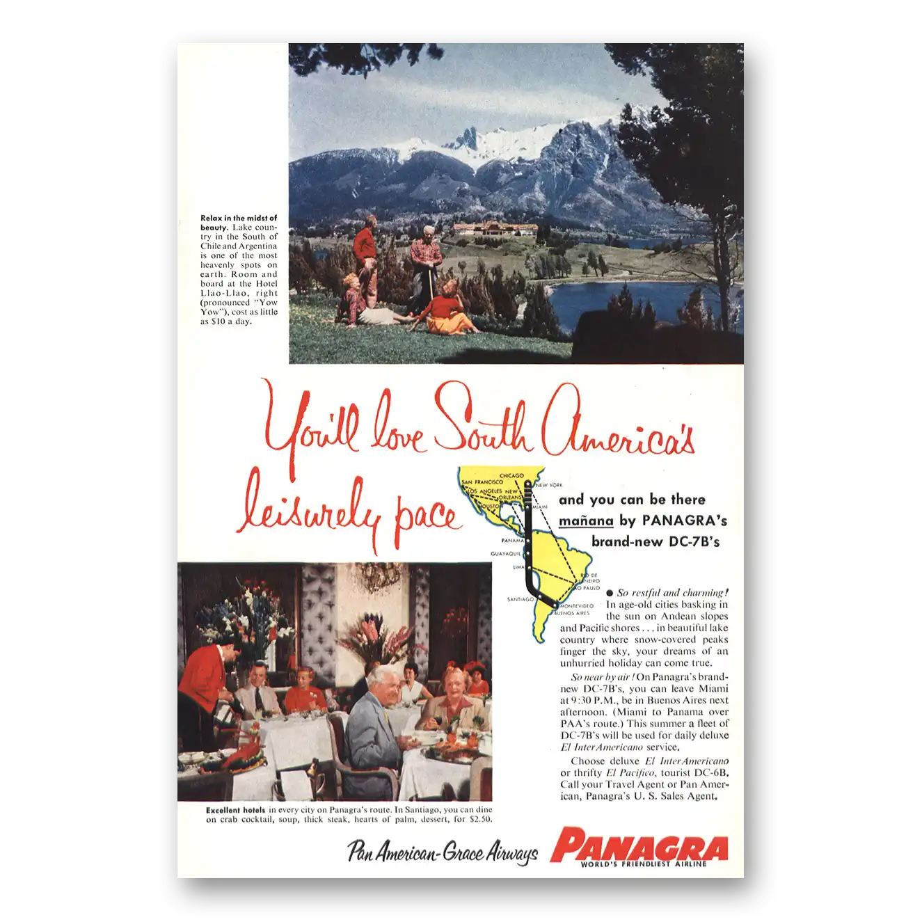 1955 Panagra Airlines Hotel Llao Llao South America Vintage Magazine Print Ad