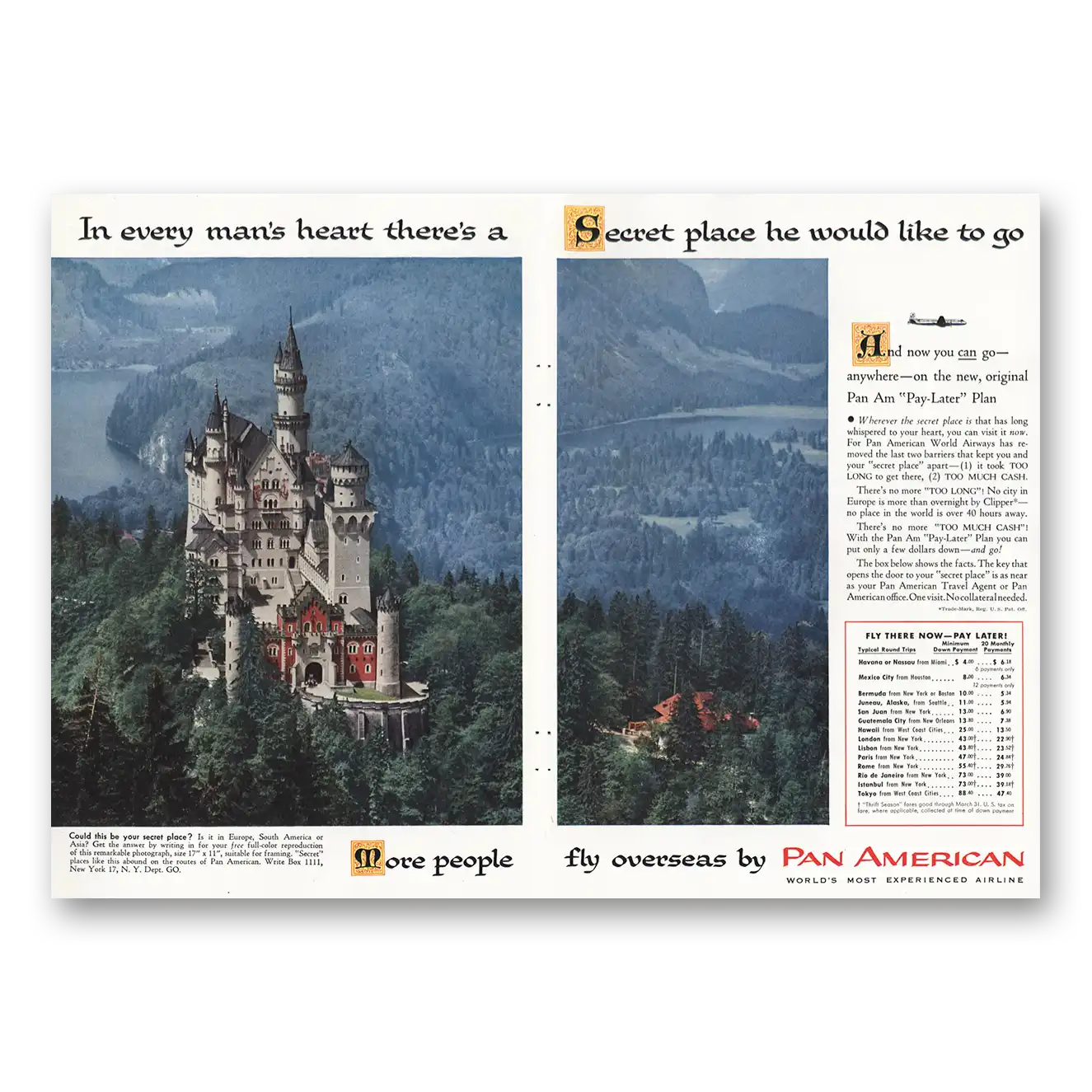 1955 Pan Am Castle Every Mans Heart Vintage Magazine Print Ad