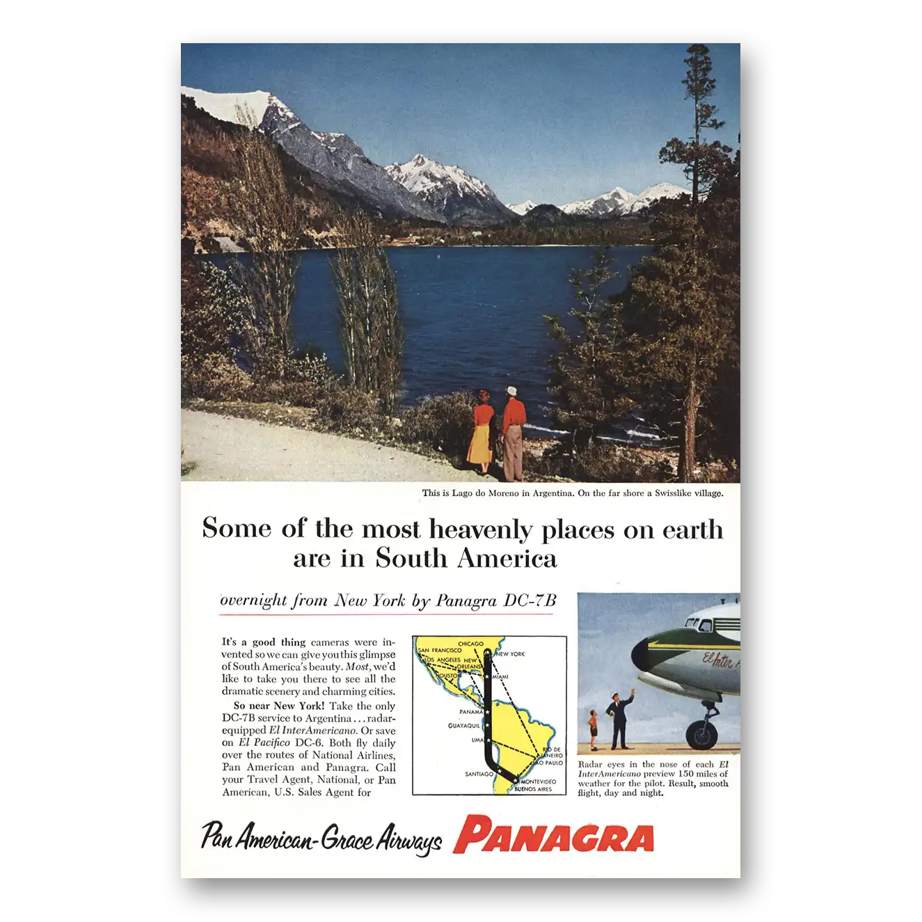 1955 Panagra Airlines Lago do Moreno Argentina Heavenly Places Vintage Magazine Print Ad