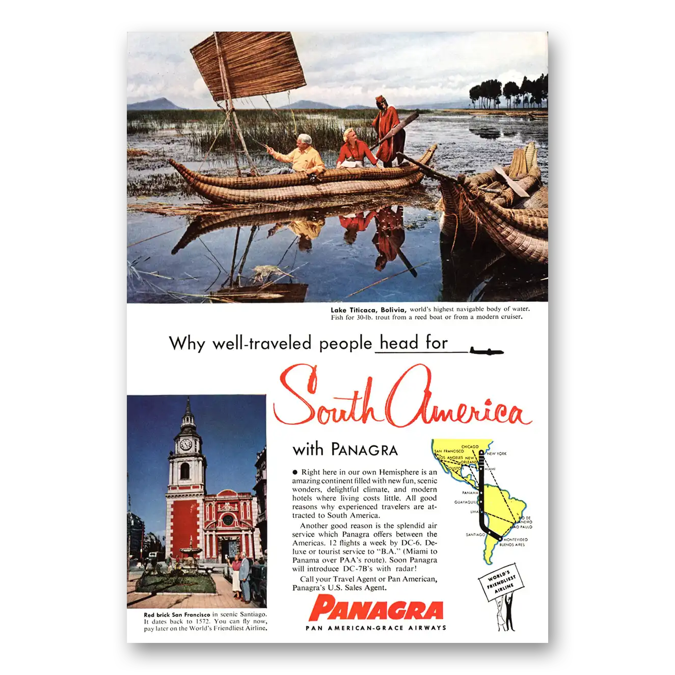 1955 Panagra Airlines Lake Titicaca Bolivia Vintage Magazine Print Ad