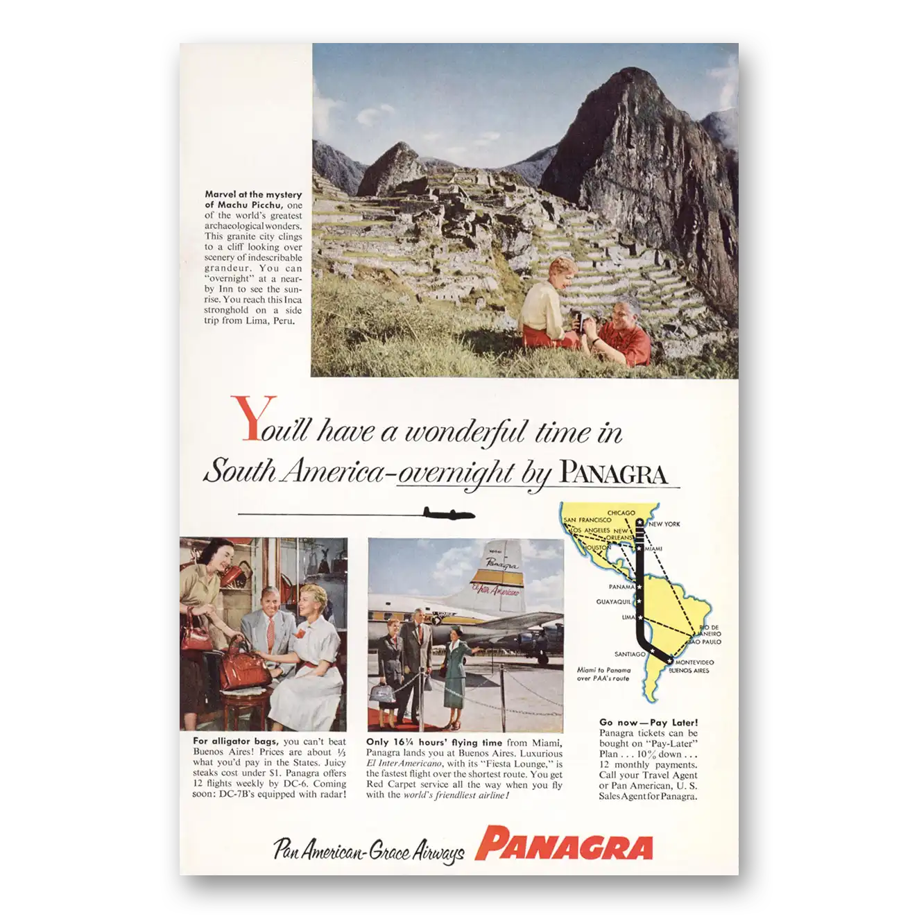 1955 Panagra Airlines Machu Picchu Wonderful Time Vintage Magazine Print Ad