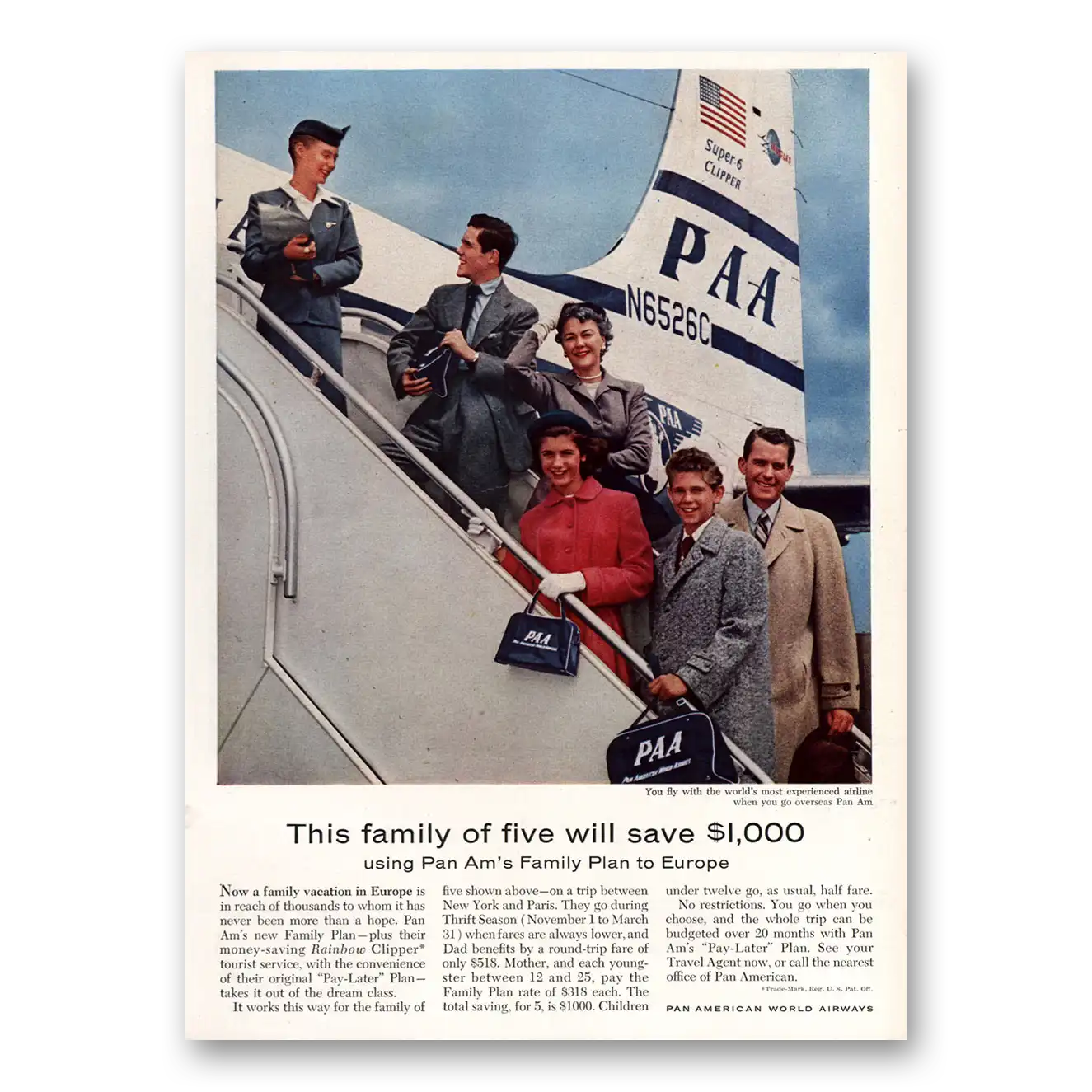 1955 Pan Am Family of Five Vintage Magazine Print Ad