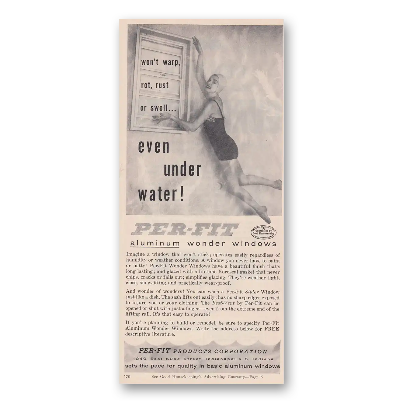 1955 Per Fit Aluminum Wonder Windows Even Under Water Vintage Magazine Print Ad