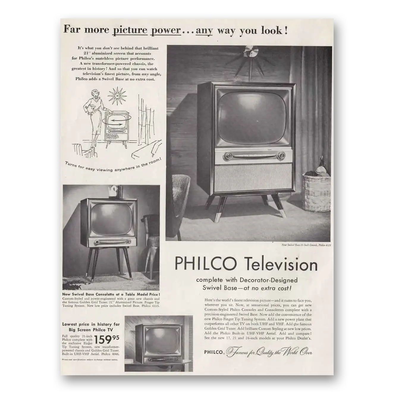 1955 Philco Television Decorator Designed Swivel Base Vintage Magazine Print Ad